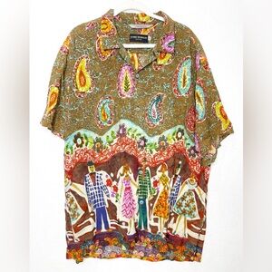 Vintage Jams World Buttons Hawaiian Shirt XL Jitterbug Print Pocket Short Sleeve